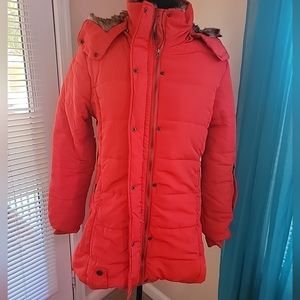 Puffer Coat Women's Size L Red Long Sleeves Quilted Jacket